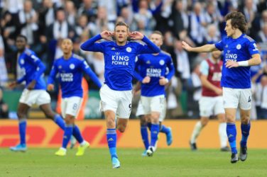 Jamie Vardy celebrates for Leicester City.