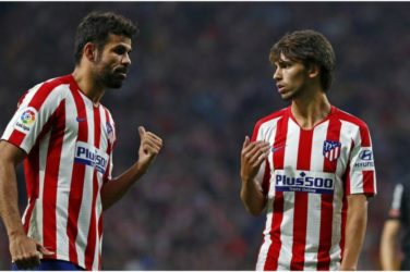 La Liga Week 10 - Atletico Madrid. Joao Felix and Diego Costa discuss on the pitch.