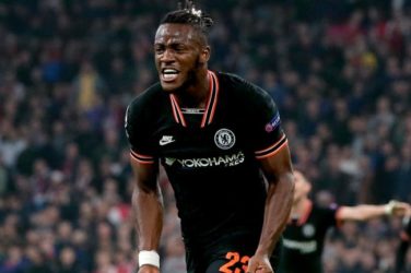 Michy Batshuayi celebrates after scoring for Chelsea against Ajax in the Champions League.
